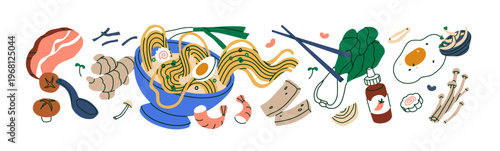 Ramen dish and chopsticks, Asian soup and flying ingredients for cooking, composition. Japanese meal in bowl with noodles, mushrooms, egg, spices. Flat vector illustration isolated on white background