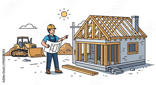 Construction worker with blueprints at new house building site.