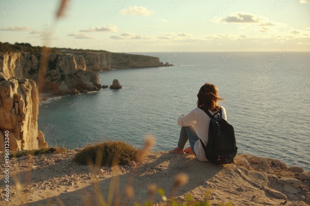 Fototapeta premium Woman gazes over the sea during golden hour. Person sits on a rocky cliff edge. Female traveler views the coastal scenery resting on high rocks. 