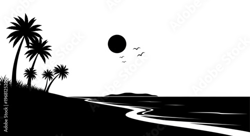 Tropical beach scene with palm trees and sun silhouette.