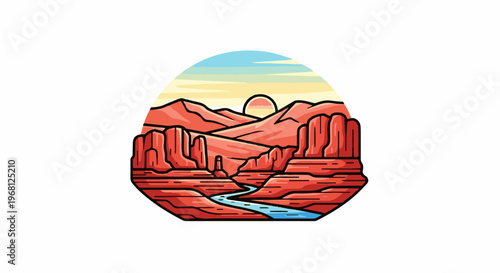 Stylized desert canyon with river and setting sun