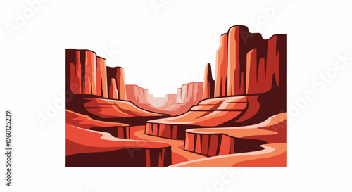 Stylized desert canyon with winding river and towering rock formations