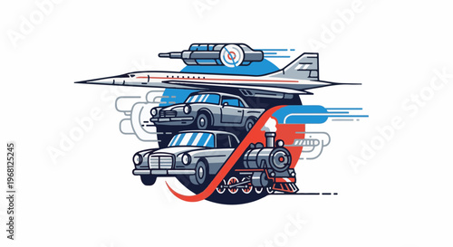 Stylized depiction of transportation evolution supersonic jet, cars, and train