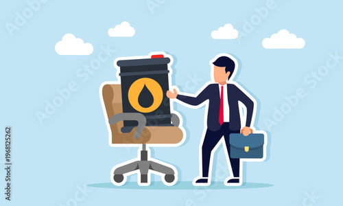 businessman standing near oil barrel on office chair illustration of oil trade cooperation and business partnership concept