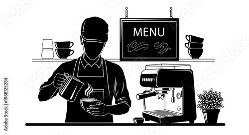 Barista making coffee at a coffee shop counter.