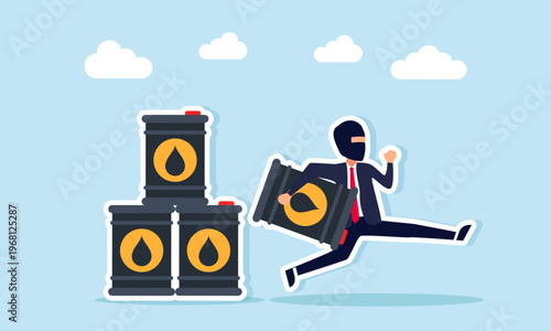 thief stealing oil barrel from stacked barrels illustration of corruption in oil business and illegal resource exploitation concept