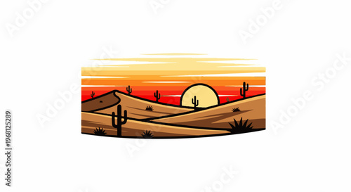 Stylized desert landscape at sunset with cacti and sand dunes