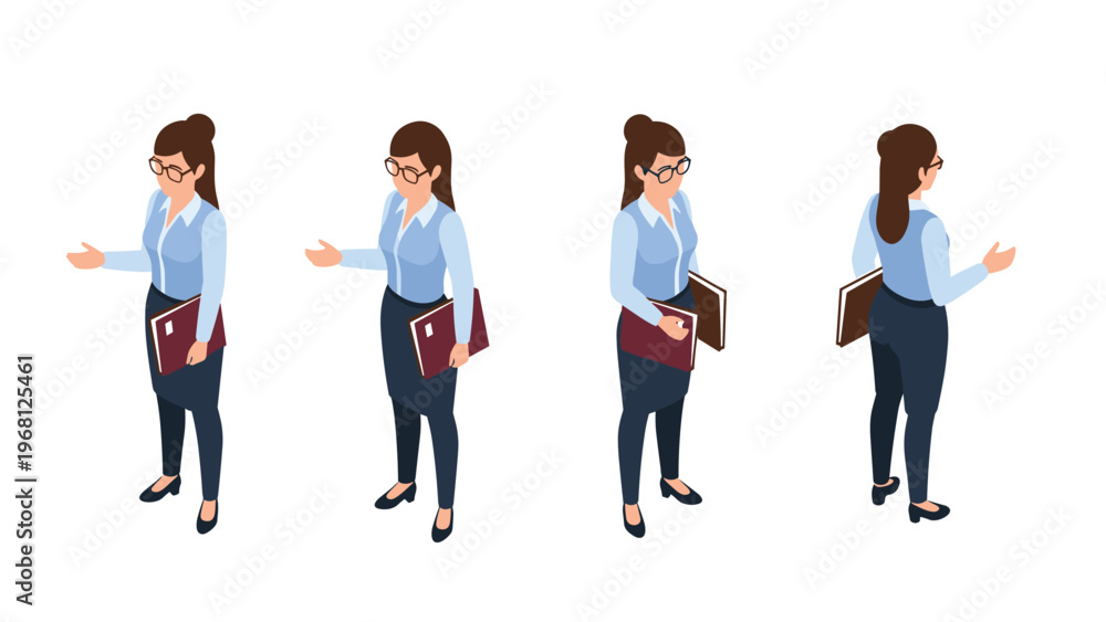 Obraz premium Set of isometric views of a professional woman in a blue shirt and dark skirt holding a folder and gesturing.