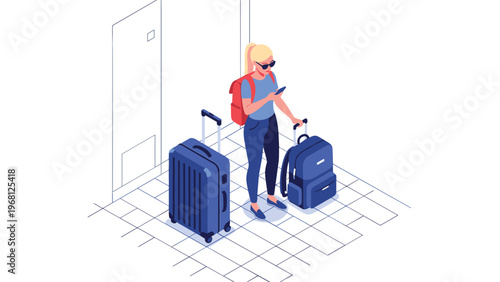 Female traveler with a red backpack and sunglasses standing between two suitcases while using her mobile smartphone.