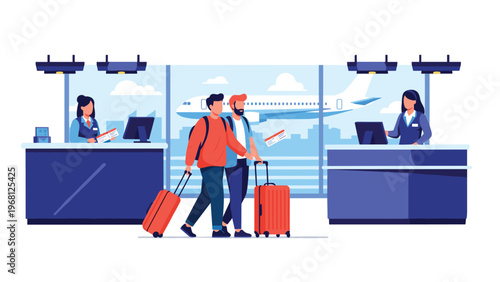 Modern airport check in counter with professional staff assisting travelers with luggage and flight boarding passes.