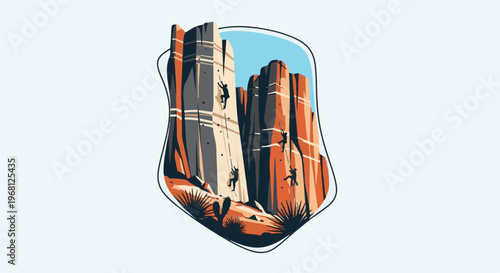 Stylized climbers ascend steep rock faces in a desert landscape