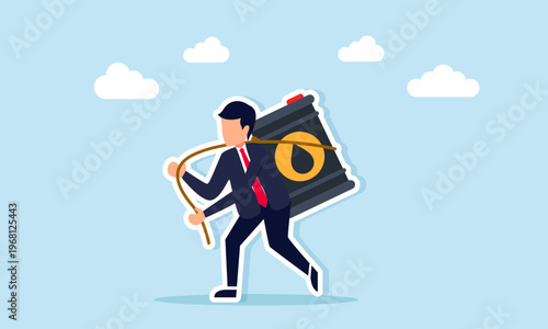 businessman lifting oil barrel with rope illustration of national oil energy resilience and resource strength management concept