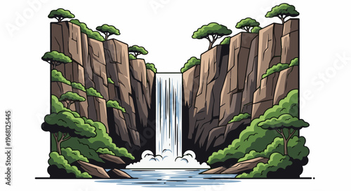 Stylized cliffside waterfall cascades into a tranquil pool below