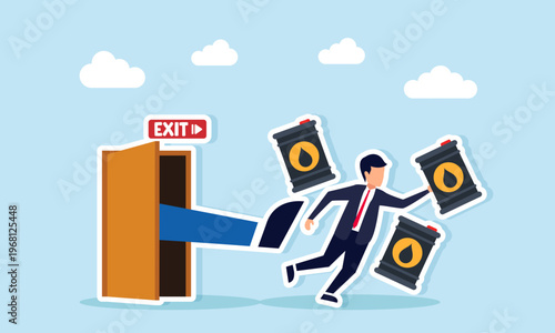 businessman and oil barrels kicked out of room illustration of failed oil business negotiation and partnership breakdown concept