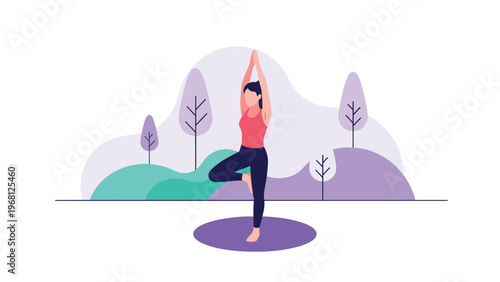 Woman practicing a yoga tree pose on a mat in a beautiful outdoor park with stylized trees and hills in the background.