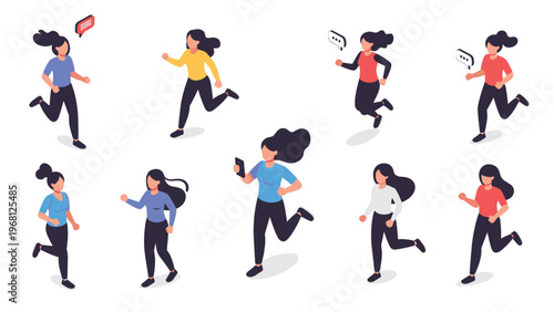 Set of isometric female characters in different colored t shirts and black leggings running and jogging for fitness.