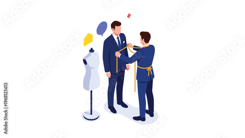 Professional tailor taking measurements for a customized blue business suit on a male client in a fashion atelier studio.