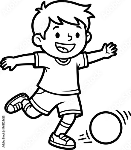 Boy Kicking Soccer Ball Energetically Outdoors.