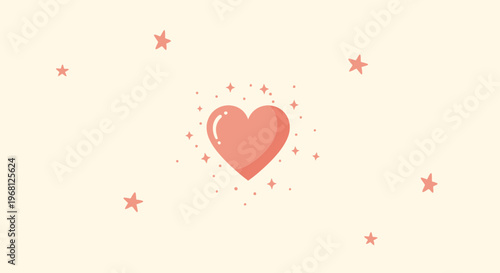Pink Heart Icon with Stars and Sparkles on Cream Background - Love Symbol