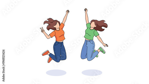 Two cheerful young women jumping for joy and making peace signs while celebrating success against a white background.