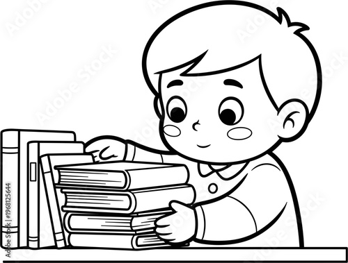 Boy holding stack of books.