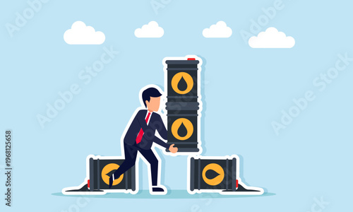 businessman carrying stacked oil barrels around spilled oil barrel illustration of national oil reserve calculation and resource management concept