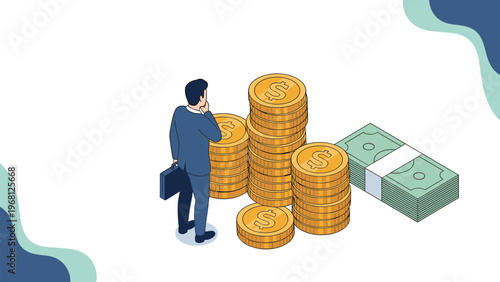 Thoughtful entrepreneur standing next to growing stacks of gold coins and bundles of cash while planning financial investments.