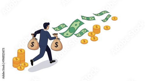 Ambitious businessman running with large bags of money while coins and cash bills float behind him in a wealth concept.