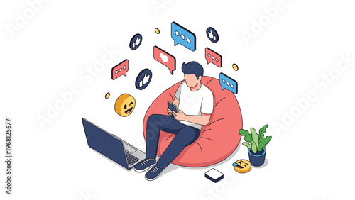Young man relaxing on a bean bag chair using his smartphone and laptop surrounded by social media notification icons.