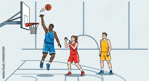 Basketball players compete on court during a game.