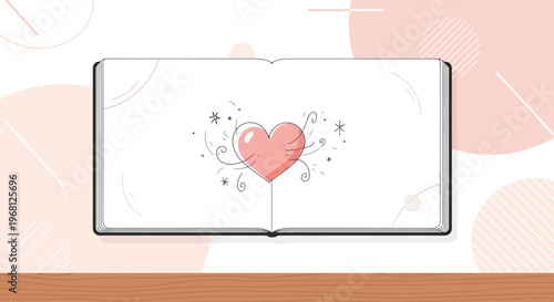 Pink Heart Drawing in Open Sketchbook on Pastel Background with Wooden Surface