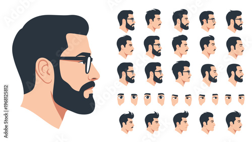 Character design sheet showing a bearded man with glasses from various profile angles and including different eye expressions.
