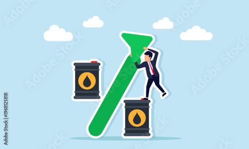 businessman placing arrow on percent symbol formed by oil barrels illustration of increasing oil valuation and price growth in energy market concept