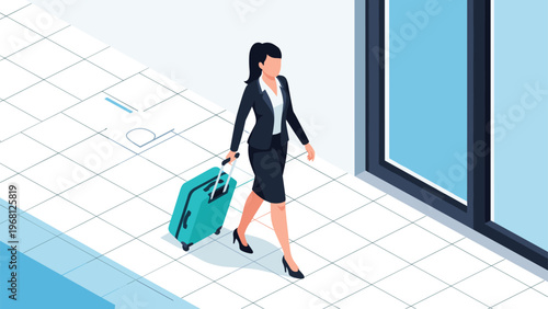 Elegant businesswoman walking through a bright airport terminal while pulling a turquoise suitcase during a business trip.