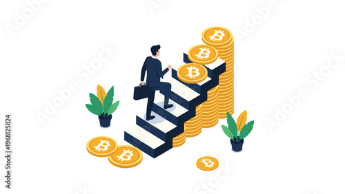 Businessman carrying a briefcase and climbing a staircase made of Bitcoin stacks to symbolize cryptocurrency investment.