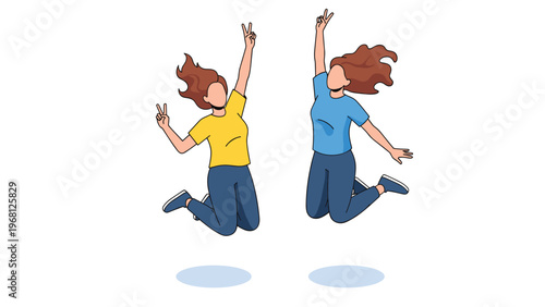 Two excited women jumping in the air and showing peace signs while wearing casual yellow and blue outfits for celebration.