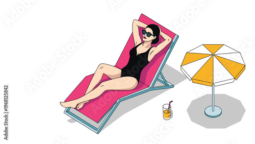 Relaxed woman in a black swimsuit and sunglasses sunbathing on a lounge chair by a beach umbrella with a refreshing drink.