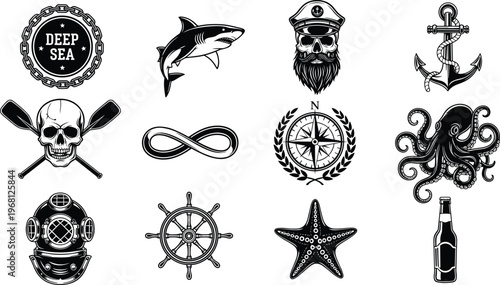 Nautical illustration collection, deep sea emblem, shark, captain skull, anchor rope, compass rose, octopus, diving helmet, ship wheel, starfish design