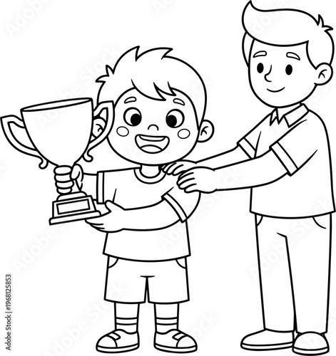 Boy receiving a trophy from man.