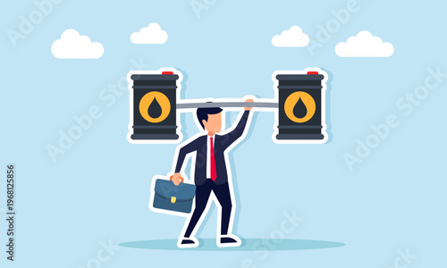 businessman lifting weight from oil barrel illustration of national oil resource resilience and energy strength concept