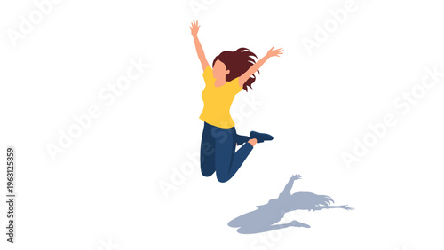 Happy young woman in a yellow shirt and blue pants jumping high in the air in a celebration of freedom and success.