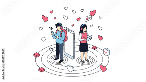 Couple using their digital devices to interact on a social media dating platform surrounded by floating heart icons.