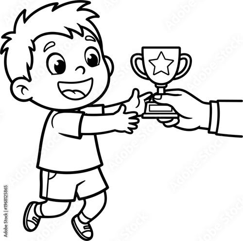 Boy Receiving Trophy with Big Smile.