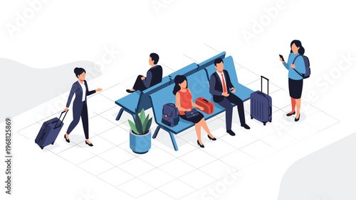 Passengers waiting for their flight in an airport departure area with luggage and seats in a modern terminal environment.