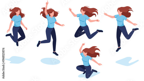 Multiple views of a young woman in a blue shirt performing various jumping and landing actions for character animation.