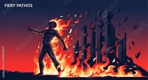 Fiery Pathos Illustration of a Burning Figure and Cityscape.