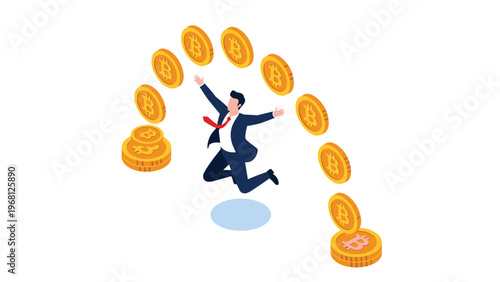 Successful businessman jumping with joy under an arch of gold Bitcoin coins to celebrate a cryptocurrency windfall.