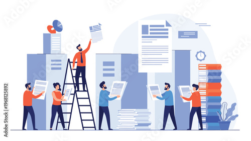 Office team organizing physical documents and folders in a large archive or storage area with ladders and shelves.