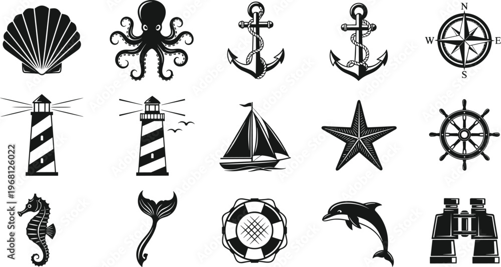 Fototapeta premium Nautical icon collection, seashell, octopus, anchors, compass rose, lighthouse, sailboat, starfish, ship wheel, seahorse, whale tail, lifebuoy, dolphin