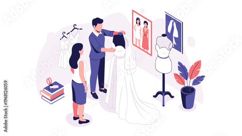 Fashion designers working on a beautiful white wedding dress on a mannequin in a professional tailor studio or bridal shop.